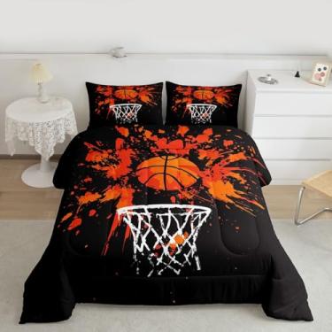 Imagem de Feelyou Conjunto de edredom de basquete, infantil, solteiro, esportivo, para amantes de basquete, edredom para crianças, meninos, meninas, decoração de jogos de bola, preto, laranja, microfibra