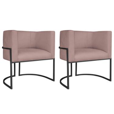 Imagem de Kit 02 Poltronas Decorativas Luna Base De Ferro Preto Linho Rosê