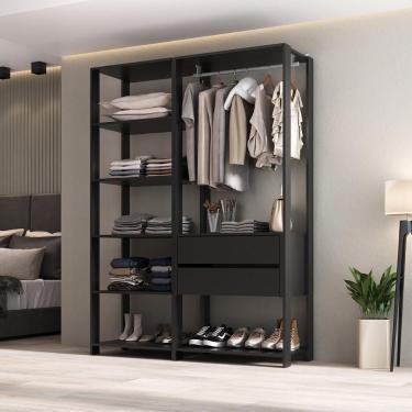 Imagem de Guarda Roupas Closet Modulado 135cm 2 Peças Com 2 Gavetas E Cabideiro Multimóveis MP4320 Preto