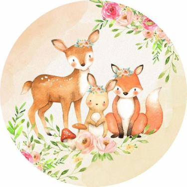 Imagem de Painel de Lona Redondo Animais do Bosque Aquarela Rosas e Flores - Fab