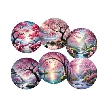 Imagem de Porta-copos De Madeira Com Estampa De Flor De Cerejeira, 4/6 Peças, Pa