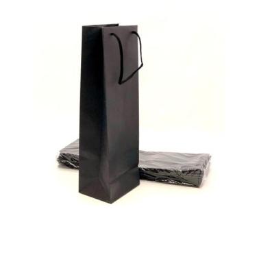 Imagem de 10 Sacolas de papel para garrafa 750ml bebidas vinho adega Cor:Preta -