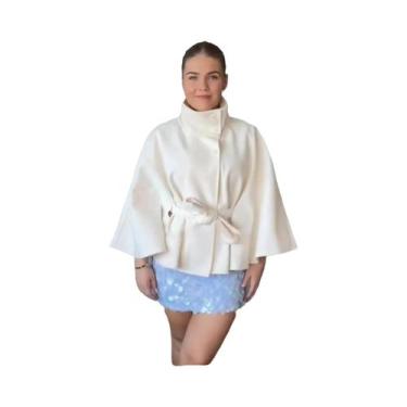 Imagem de Casaco Feminino Elegante De Lã Sintética Com Gola Alta E Amarração, Qu