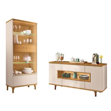Imagem de Kit Buffet Murano e Cristaleira Lumina Pés Madeira Maciça