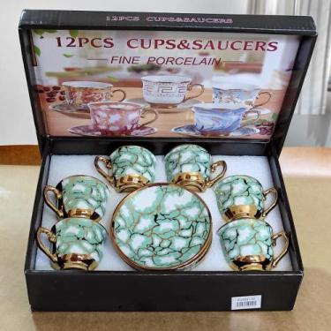 Imagem de conjunto com 6 xícaras e 6 pires em porcelana fina -VERDE Elegância Cl