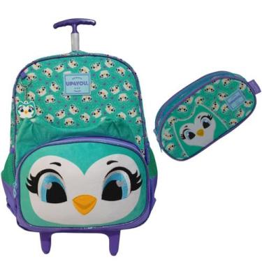 Imagem de Kit Mochila de Carrinho Escolar Infantil + Estojo Corujinha Cor: Verde