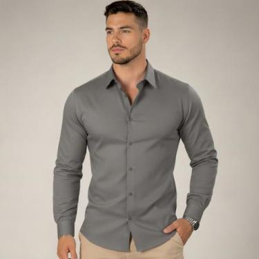 Imagem de Camisa Social Masculina Manga Longa Spandex Slim - Volgue, Cinza, G
