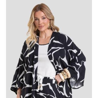 Imagem de Kimono Feminino em Tecido Estampado Dianna Preto, GG, Preto