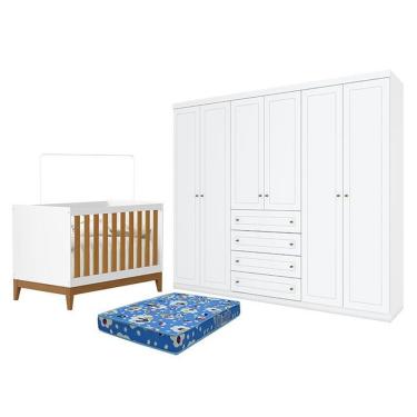 Imagem de Kit Berço Americano Flip MDF Colchão Incluso Branco Acetinado Savana e Guarda Roupa Casal 6 Portas Móveis Henn