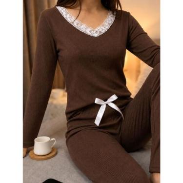 Imagem de Pijama Feminino Canelado Inverno de Frio Quentinho Manga Longa Calça C