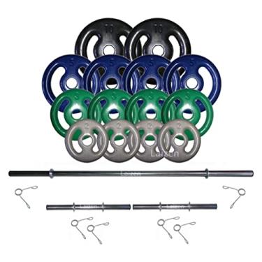 Imagem de Kit Anilhas Emborrachadas 60 Kg + Barras Com Presilhas