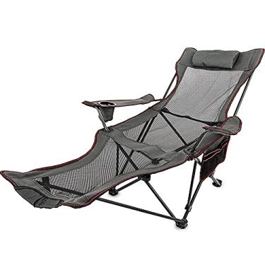 Imagem de GQYYS Cadeira de acampamento dobrável reclinável com espreguiçadeira de malha com suporte para copo e bolsa de armazenamento, cadeira de acampamento dobrável, cadeira de acampamento portátil com malha para descanso de pés, para acampamento, pesca, praia e piquenique
