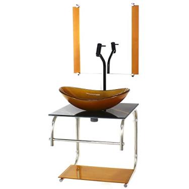 Imagem de GABINETE DE VIDRO CUBA OVAL 40CM INOX MARMORE AVERMELHADO COM TORNEIRA CASCATA