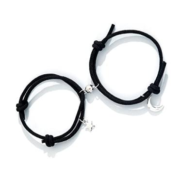 Imagem de 2 peças/conjunto de pulseiras magnéticas com pingente de estrela da lua, pulseiras ajustáveis para mulheres, homens, casais, amantes, melhores amigas, presente