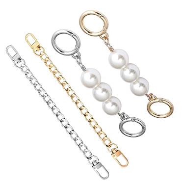 Imagem de Extensor de corrente de 4 peças, 2 tiras de corrente de metal plano de 20 cm + 2 peças de corrente de imitação de pérola, acessórios de decoração de bolsa para bolsa de ombro (ouro + prata)