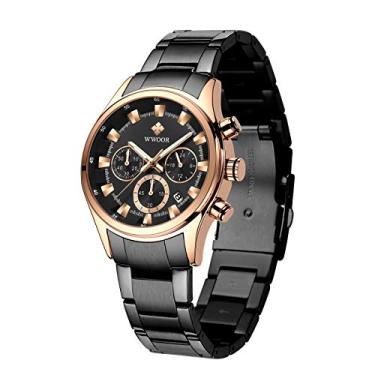 Imagem de Relógio masculino multifuncional cronógrafo à prova d'água analógico de quartzo de aço inoxidável moderno relógio de pulso luminoso com data, Rose/Black