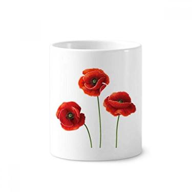 Imagem de Porta-canetas de escova de dentes com flores vermelhas e papoula de milho para pintura artística copo de cerâmica branca 355 ml