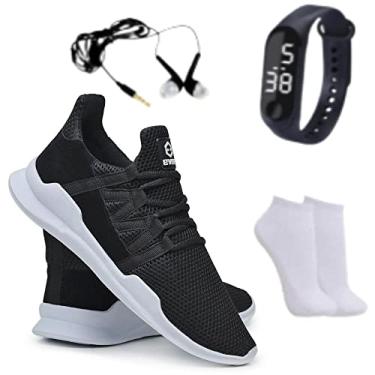 Imagem de Tênis Caminhada Corrida Leve Macio Confortável Academia Fitness + Relógio + Meia + Fone - Preto+branco - 45