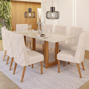 Imagem de Conjunto Sala de Jantar Tampo Mdf/Vidro 8 Cadeiras Michelle Marrom/Off White/Linho