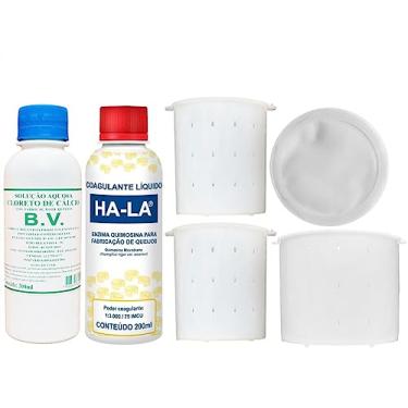Imagem de Coalho Líquido Ha-la Coagulante + Cloreto de Cálcio + 2 Formas Queijo Minas 500g + Forma Minas 1Kg + Tela Coadora