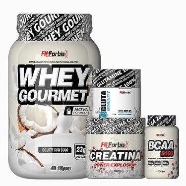 Imagem de Whey Protein Gourmet Pote 907g + Creatina 300g + Glutamina 150g + BCAA 100 caps - FN Forbis Nutrition (Iogurte de Coco)