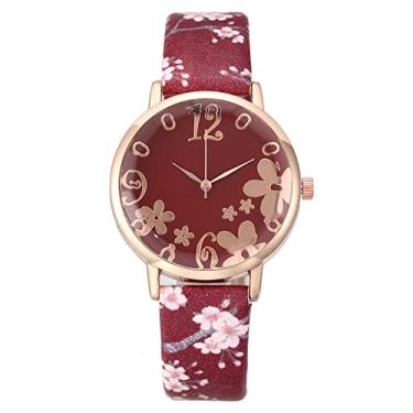 Imagem de YingHwa Relógio feminino retrô com pulseira de flores, moda casual, relógio de pulso feminino com mostrador de flores relógio de quartzo de couro, Vermelho