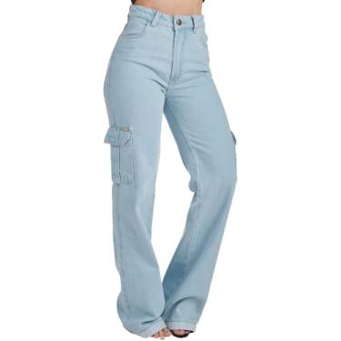 Imagem de Calça Jeans HNO Jeans Wide Leg Cargo Hot Pant Bolso Lateral Azul Claro