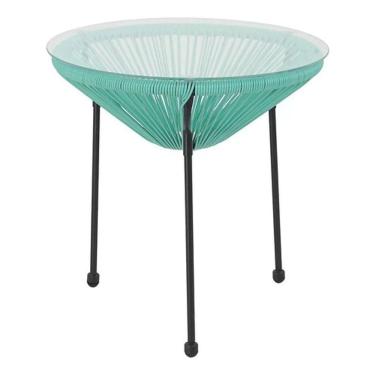 Imagem de Mesa Redonda Aço Vidro 50x50cm Rattan Azul - Home Deluxe