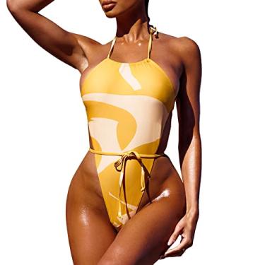 Imagem de Maiô feminino de uma peça, monoquíni, plus size, corte alto, controle de barriga, biquíni de praia sexy, Amarelo, P