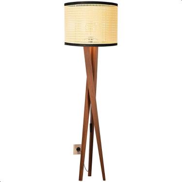 Imagem de Luminária de Chão Paris com Pés de Madeira e Tela Indiana Borda Preto 158cm