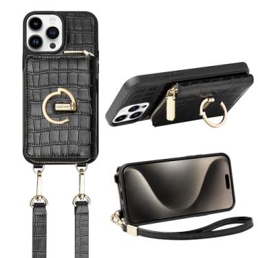 Imagem de CUSTYPE para iPhone 15 Pro Capa carteira com porta-cartão para mulheres, capa transversal com zíper com alça de pulso, bolsa protetora de couro com anel para Apple iPhone 15 Pro 6,1 polegadas, preto