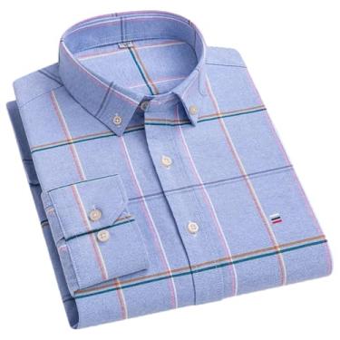 Imagem de Camisa masculina xadrez casual de algodão manga comprida ajuste regular fácil de cuidar, não passar a ferro, outono, primavera, roupas masculinas, H-h-542, 3G