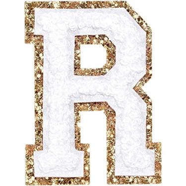 Imagem de 3 Pçs Chenille Letter Patches Ferro em Patches Glitter Varsity Letter Patches Bordado Bordado Borda Dourada Costurar em Patches para Vestuário Chapéu Camisa Bolsa (Branco, R)