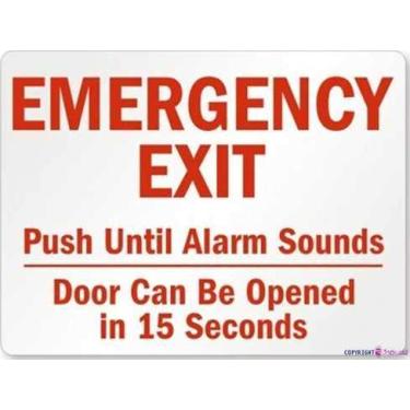Imagem de Placa de aviso de rua Saída de emergência - Pressione até sons de alarme, a porta pode ser aberta em 15 segundos, placa de metal em lata, decoração de parede, sinais de segurança para uso externo e