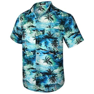 Imagem de Camisetas masculinas havaianas manga curta Aloha camisa masculina casual abotoada tropical Havaí floral verão praia festa, A3-azul-petróleo, XXG