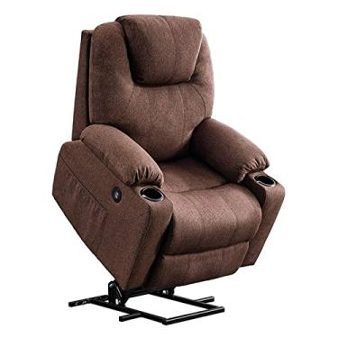 Imagem de Cadeira de elevação elétrica para sofá reclinável elétrico para idosos bolsos laterais e 2 suportes de copo sofá de tecido cadeira motorizada para sala de estar cáqui