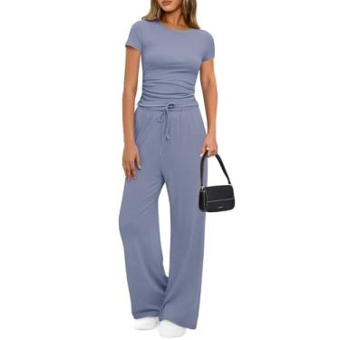 Imagem de PRETTYGARDEN Conjunto feminino de 2 peças, conjunto de agasalho de verão, manga curta, cropped de cintura alta, calça larga, Cinza e azul, X-Small