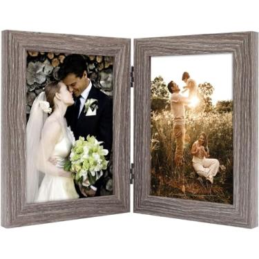 Imagem de Golden State Art Porta-retrato duplo 5x7 moldura vertical articulada para fotos 2 aberturas dobráveis para família molduras (5x7, cinza, 1 pacote)