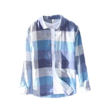 Imagem de ZMIN Camisa masculina xadrez casual de linho de algodão e manga comprida com gola virada para baixo, Azul 768, P