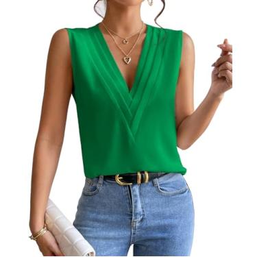 Imagem de MYCOLORBLUE Blusa feminina de chiffon sem mangas com gola V tripla para o verão, Verde, P