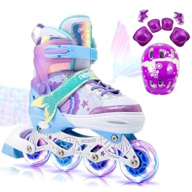 Imagem de Patins Infantil 4 Rodas, Patins Quad, Patins Infantil Menina, Ajustável em 4 Tamanhos, com Bolsa e Kit Proteção (Roller Inline Sereia + Kit Proteção, M (32 ao 35))