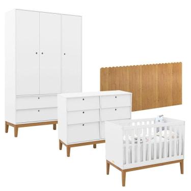 Imagem de Quarto de Bebê Unique 3 Portas com Cômoda 6 Gavetas e Painel Farm Branco Soft Eco Wood - Matic