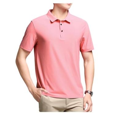 Imagem de Camisas polo masculinas sólidas de secagem rápida camisas polo business dry fit manga curta elástica, Rosa, G