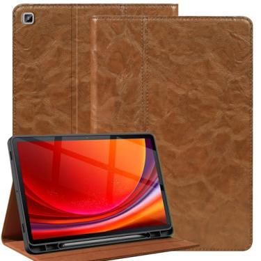 Imagem de Gexmil Capa de couro genuíno para Samsung Galaxy Tab S6 Lite de 10,4 polegadas com suporte para lápis, capa protetora à prova de choque ajustável inteligente premium flip para tablet, cáqui