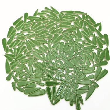 Imagem de 400 g de gota de água folhas de pétalas de cerâmica azulejos de mosaico para artesanato DIY, peças de mosaico de cerâmica em forma de gota para molduras de fotos, copos, vasos de flores, tanque de peixes, vasos, fazer pedras de piso (verde)