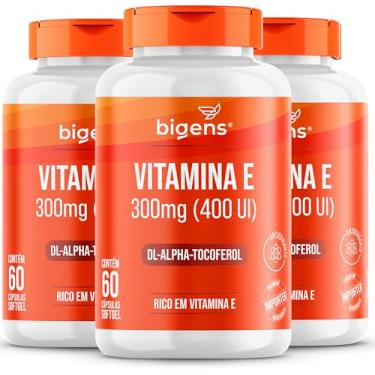 Imagem de Vitamina E 300mg (400 UI), DL-Alpha-Tocoferol, Rico em Vitamina E, Antioxidante Importado, Unidade 60 Cápsulas Softgel, Bigens (Kit 3)