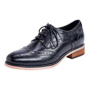 Imagem de Mona flying Sapato feminino de couro perfurado com cadarço Oxfords Brogue Wingtip Derby...