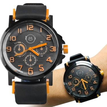 Imagem de Relógio Masculino Preto Detalhes Em Laranja Pulseira De Borracha Ajustável - Orizom Spa...