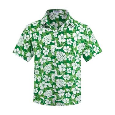 Imagem de KazzSail Camisa havaiana de botão para meninos manga curta, camisetas havaianas de verão para meninos de 7 a 14 anos, Flores verdes, 13-14 Anos