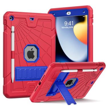 Imagem de Sibeitu Capa para iPad 9ª geração com suporte e porta-lápis, capa protetora infantil para iPad de 10,2 polegadas 7ª 8ª geração 2019 2020 2021, design legal de teia de aranha azul e vermelha para